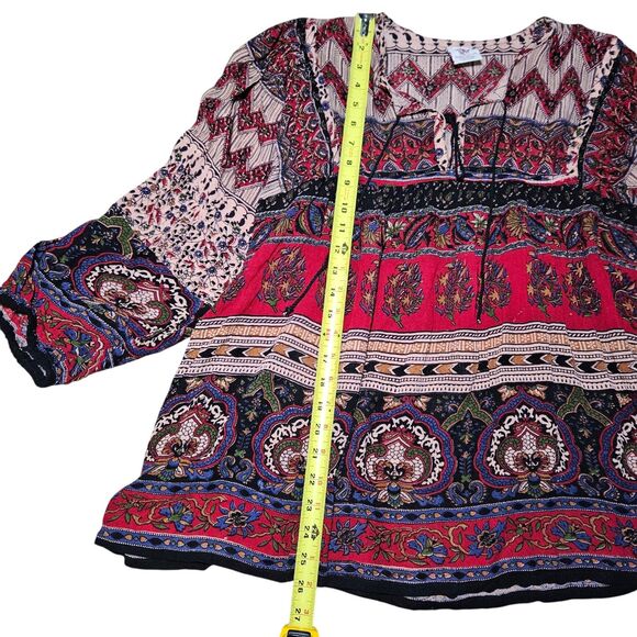 Gypsy Rose Womens S Boho Paisley  Tie Neck Top Balloon Sleeve Flowy Folksy Boho - Picture 10 of 12